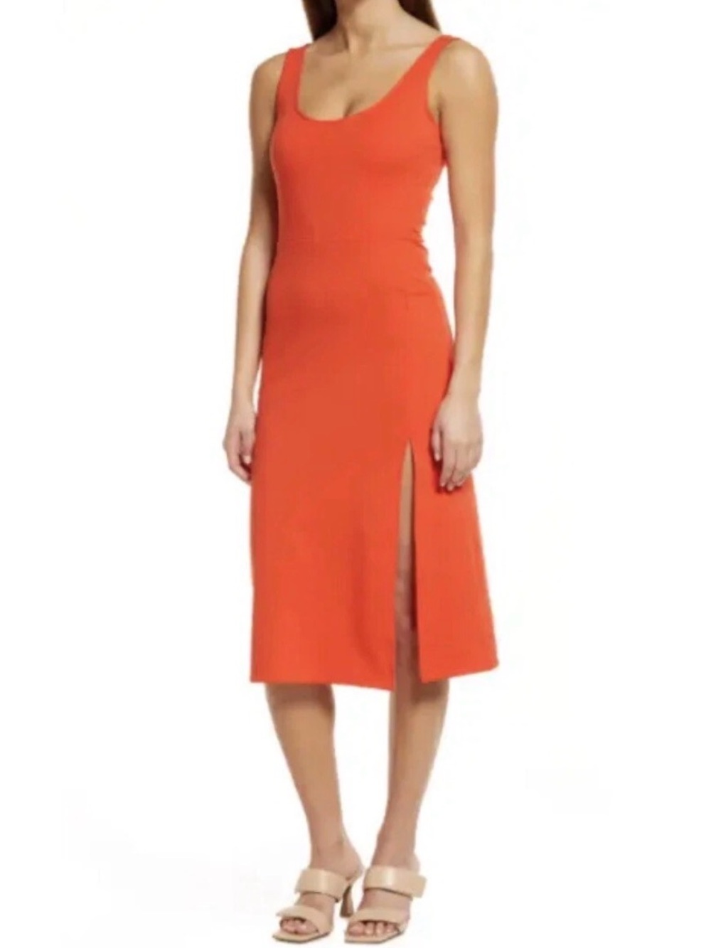 Sleeveless red/Orange Midi bodycon Dress with Side Slit